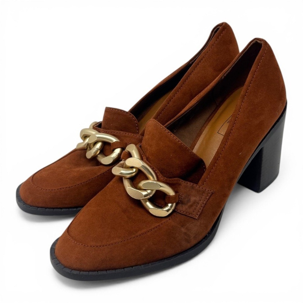 M&S Collection Chain Loafer Heels Suede Block Heel Slip On Brown Shoe Size 8